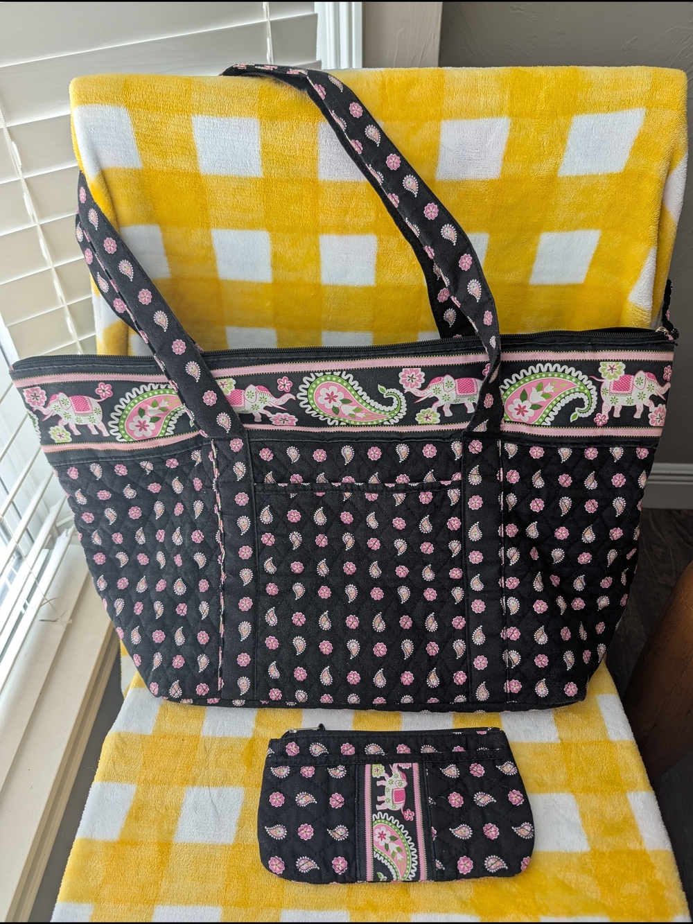 Quilted Black Tote with Pink Paisley Accents